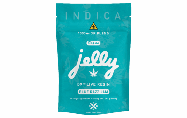 Bold Blue Razz Jam flavor blended with Delta 9 live resin in JELLY gummies by Not Your Bakery, at LiftoffSmoke.