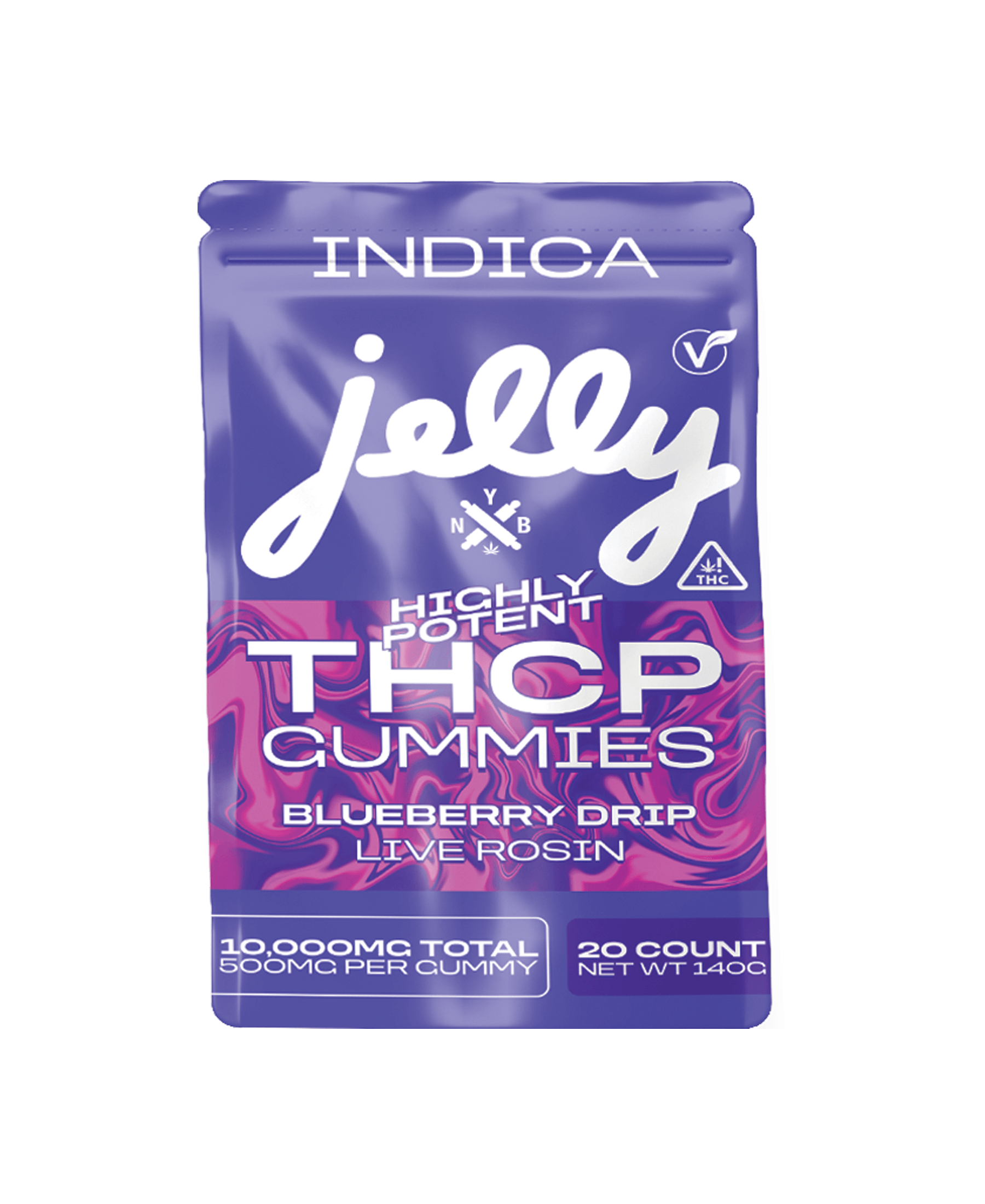 Potent hemp-derived THCP gummies in Blueberry Drip flavor — 200 mg each.