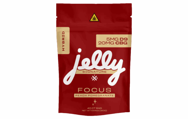 Focus-enhancing Peach Pomegranate gummies by Not Your Bakery, part of the JELLY Signature line, at LiftoffSmoke.