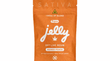 Not Your Bakery’s JELLY D9XP Mango Peach Gummies, 40-count jar with 1000mg total live resin Delta 9, each piece infused with 20mg.