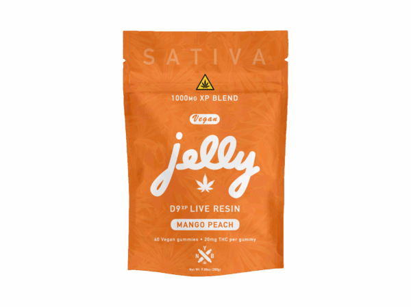Not Your Bakery’s JELLY D9XP Mango Peach Gummies, 40-count jar with 1000mg total live resin Delta 9, each piece infused with 20mg.