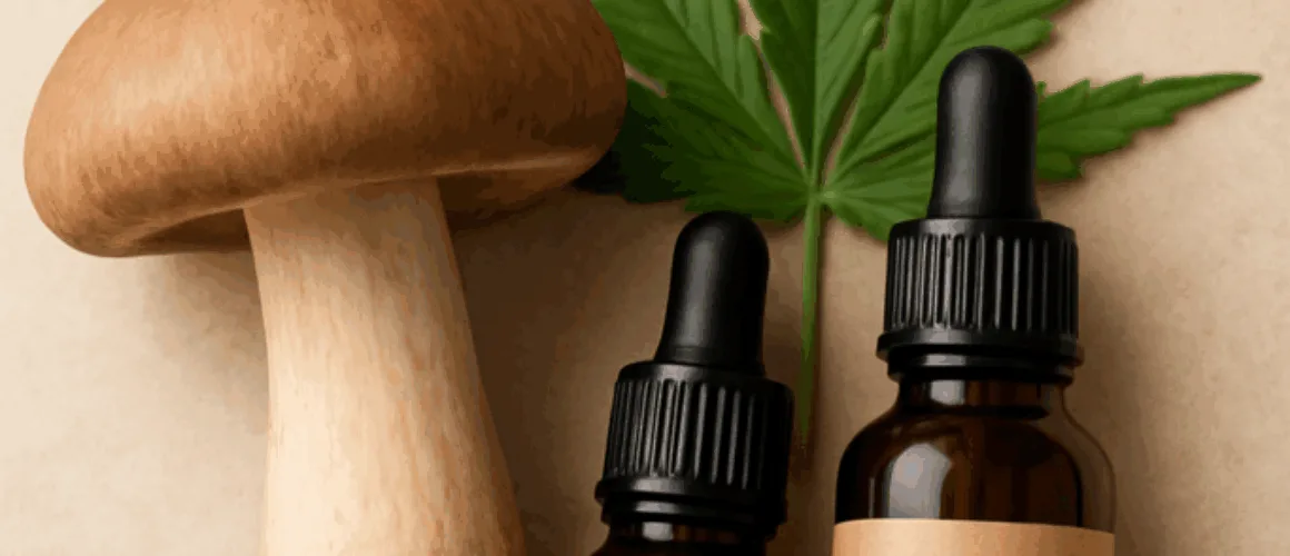 Fresh mushroom with cannabis leaf and CBD and THC oil bottles representing natural wellness and holistic health benefits.