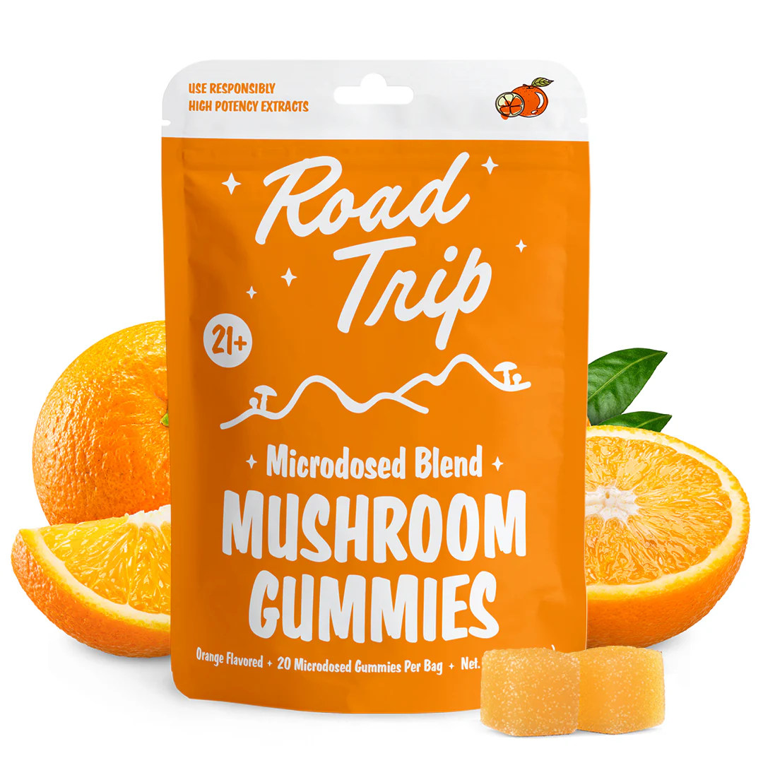 Road Trip Orange Mushroom Gummies – a microdosed blend designed to support focus, balance, and creativity.