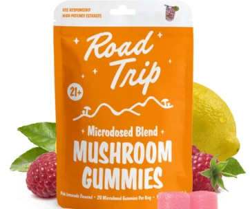 Road Trip Pink Lemonade Mushroom Gummies – a refreshing microdosed blend for daily focus and wellness.