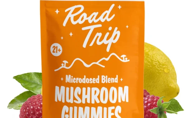 Road Trip Pink Lemonade Mushroom Gummies – a refreshing microdosed blend for daily focus and wellness.