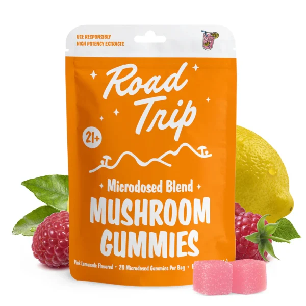 Road Trip Mushroom Gummies Microdosed Blend Pink Lemonade – functional mushroom gummies for clarity, balance, and creativity.