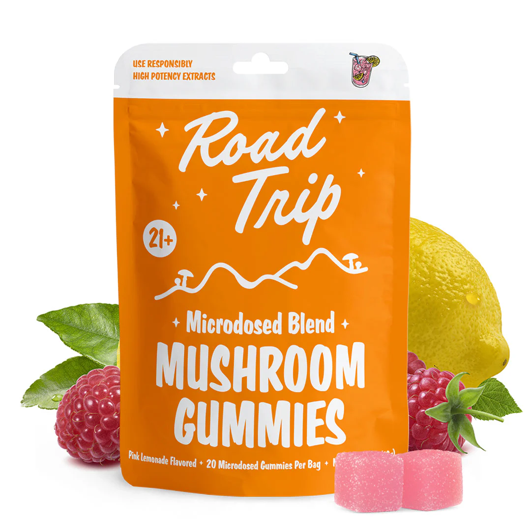 Road Trip Pink Lemonade Mushroom Gummies – a refreshing microdosed blend for daily focus and wellness.