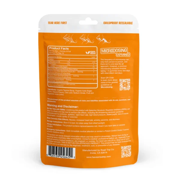 Supplement facts label for Road Trip Mushroom Gummies Microdosed Blend Orange showing ingredients, dosage, and nutritional information