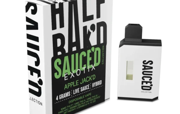 Half BaK’D Apple Jack’D Hybrid SAUCE’D Exotix 4 G Disposable | LiftoffSmoke Sweet and balanced Apple Jack’D hybrid in a 4 G SAUCE’D Exotix disposable – LiftoffSmoke