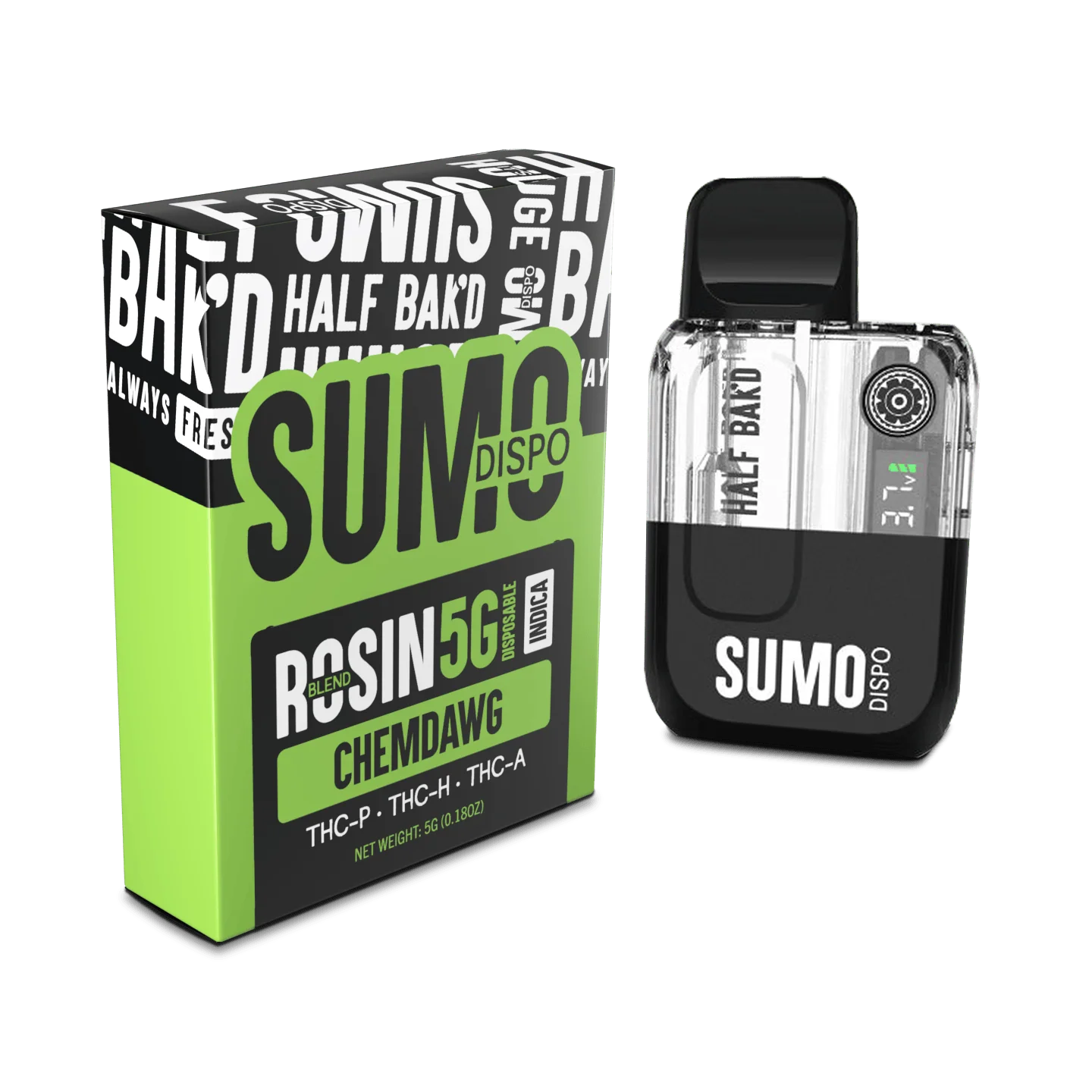 Heavy-hitting Chemdawg Indica SUMO Rosin Blend in a 5 G disposable – Half Bak’d x LiftoffSmoke