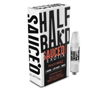 Half BaK’d Peach Ringz Indica Sauced Exotix 2G 510 Cart | LiftoffSmoke Sweet peach flavor and pure relaxation — Peach Ringz Indica Sauced Exotix Cart by Half BaK’d at LiftoffSmoke.