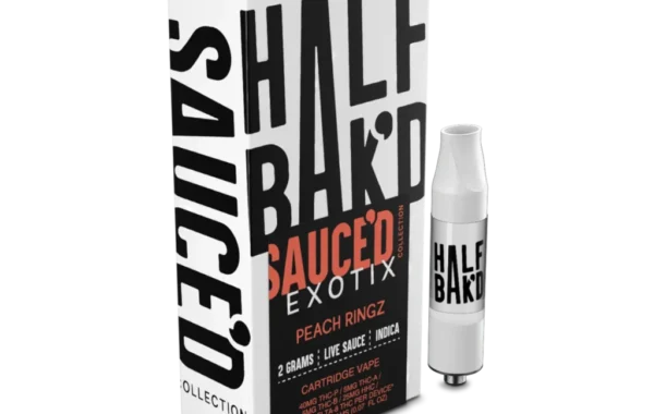 Half BaK’d Peach Ringz Indica Sauced Exotix 2G 510 Cart | LiftoffSmoke Sweet peach flavor and pure relaxation — Peach Ringz Indica Sauced Exotix Cart by Half BaK’d at LiftoffSmoke.