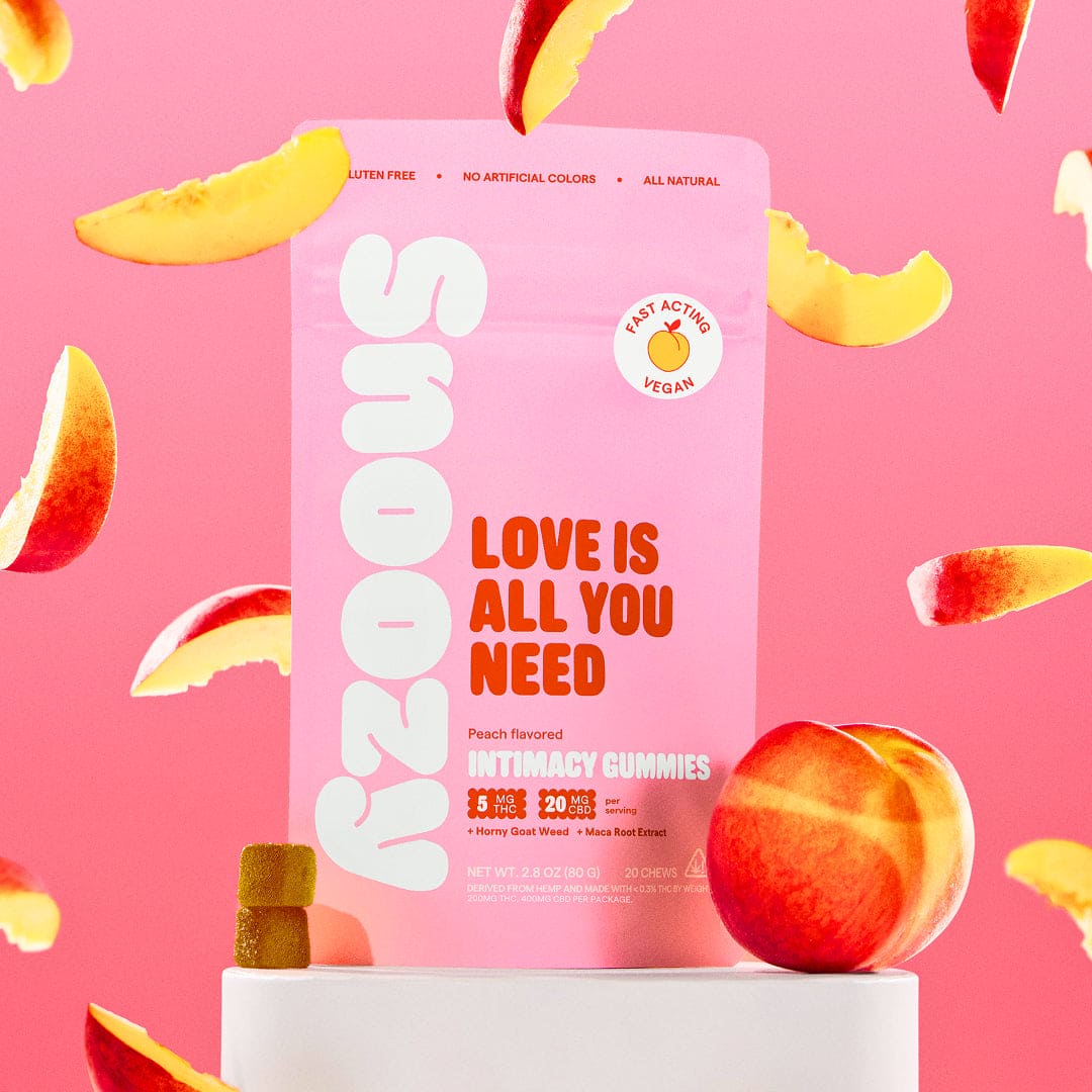 Set the mood naturally. SNOOZY Intimacy Gummies — Peach, 5mg THC + 20mg CBD + herbal support. Only at LiftoffSmoke.