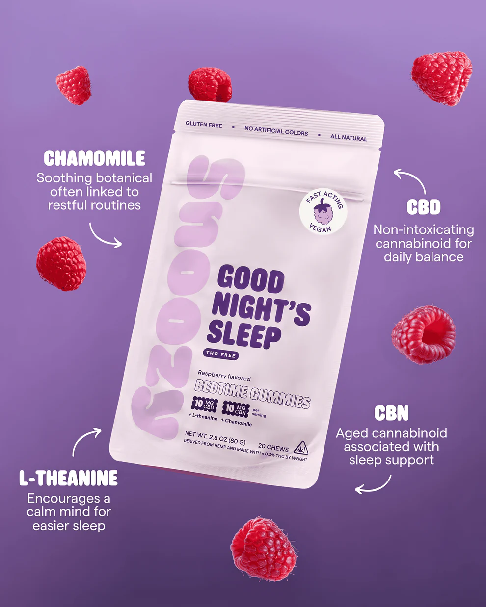 SNOOZY THC Free Bedtime Gummies - Raspberry Flavored - 10mg CBD / 10mg CBN - Image 4