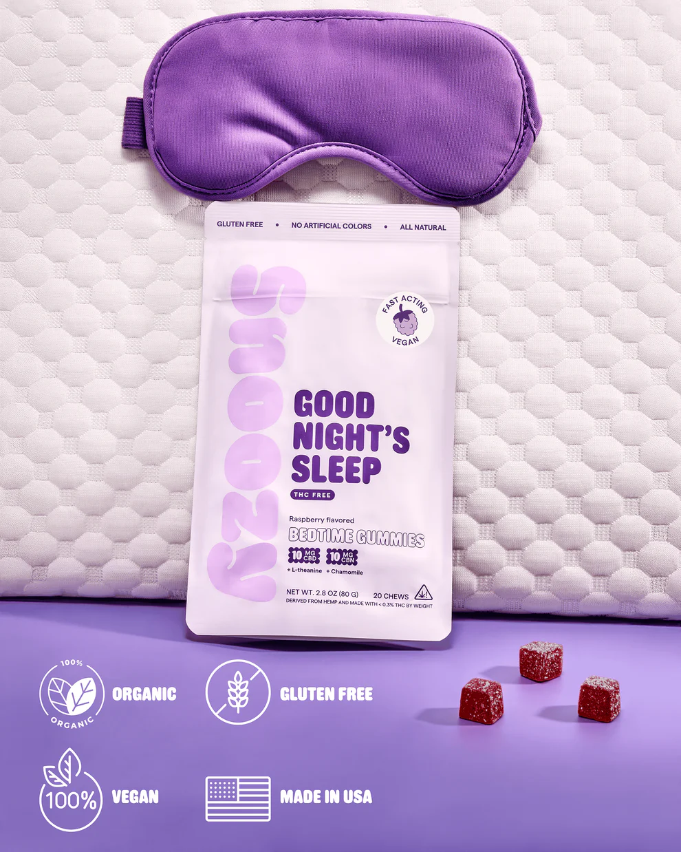 SNOOZY THC Free Bedtime Gummies - Raspberry Flavored - 10mg CBD / 10mg CBN - Image 3