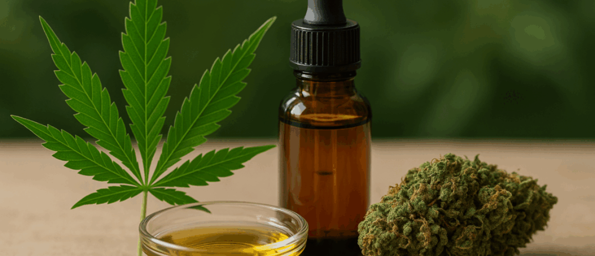 Close-up of cannabis leaf, oil dropper bottle, and hemp bud on wooden surface, representing THC-P and its role in the cannabis industry.