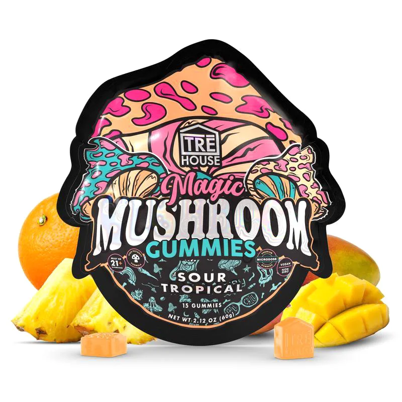 Tre House Magic Gummies Sour Tropical 15ct – premium mushroom gummies with tangy tropical flavor