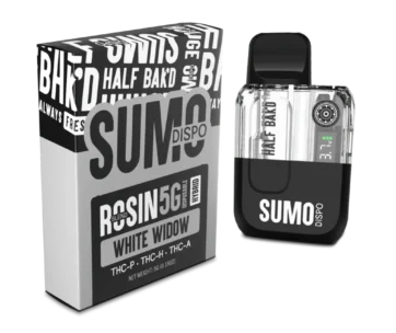 Experience the legendary balance of Half Bak’d White Widow Hybrid SUMO Rosin Blend 5G Disposable from LiftoffSmoke.