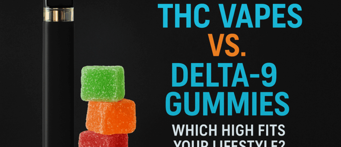 THC vape pen and Delta-9 gummies side by side on a table, symbolizing different cannabis consumption styles and lifestyle choices.