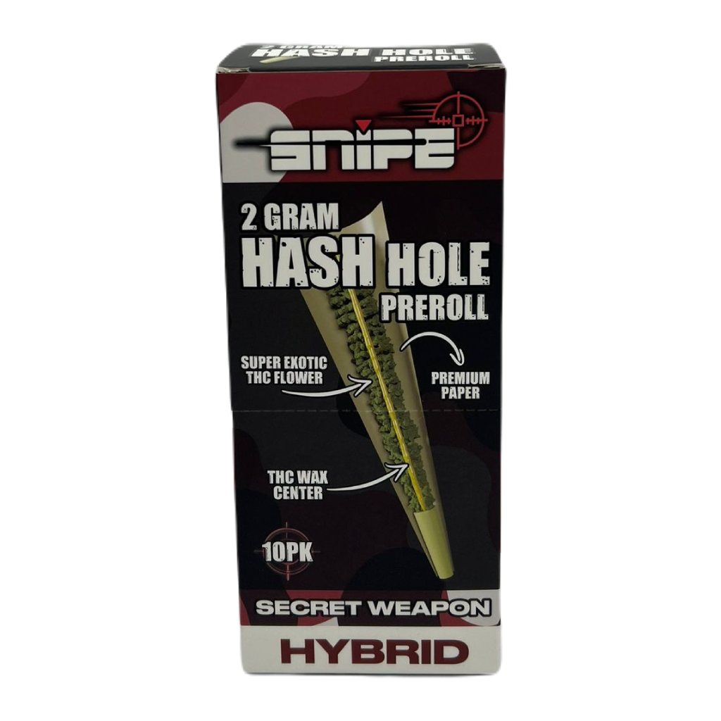 A balanced Secret Weapon hybrid hash hole — 2g of exotic THC flower with a THC wax center, only at LiftoffSmoke.
