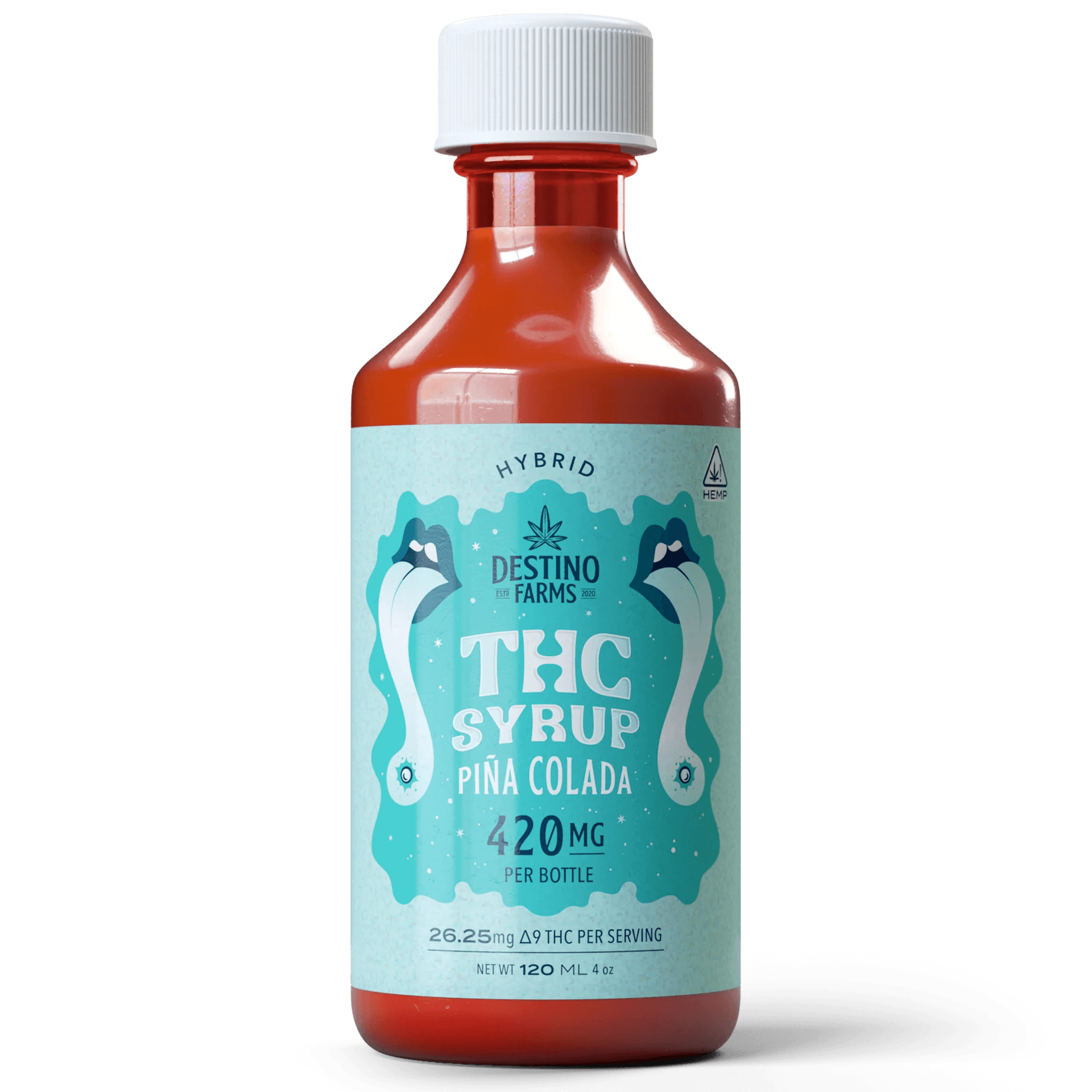 Creamy pineapple-coconut Pina Colada Delta 9 THC syrup — 420mg per 120ml bottle for customizable dosing, only at LiftoffSmoke. 