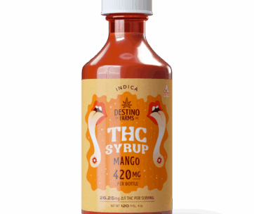 Sweet ripe Mango Delta 9 THC syrup — 420mg per 120ml bottle for customizable dosing, only at LiftoffSmoke.