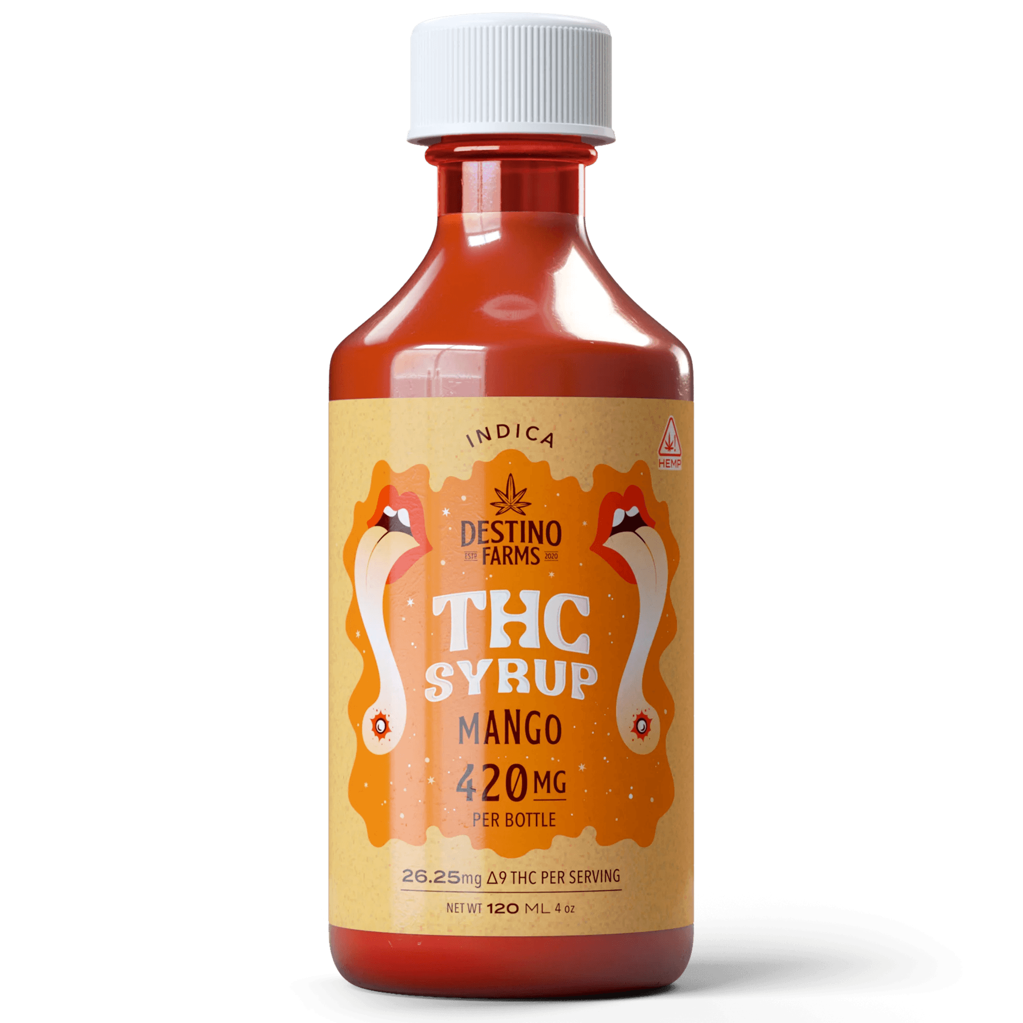 Sweet ripe Mango Delta 9 THC syrup — 420mg per 120ml bottle for customizable dosing, only at LiftoffSmoke.