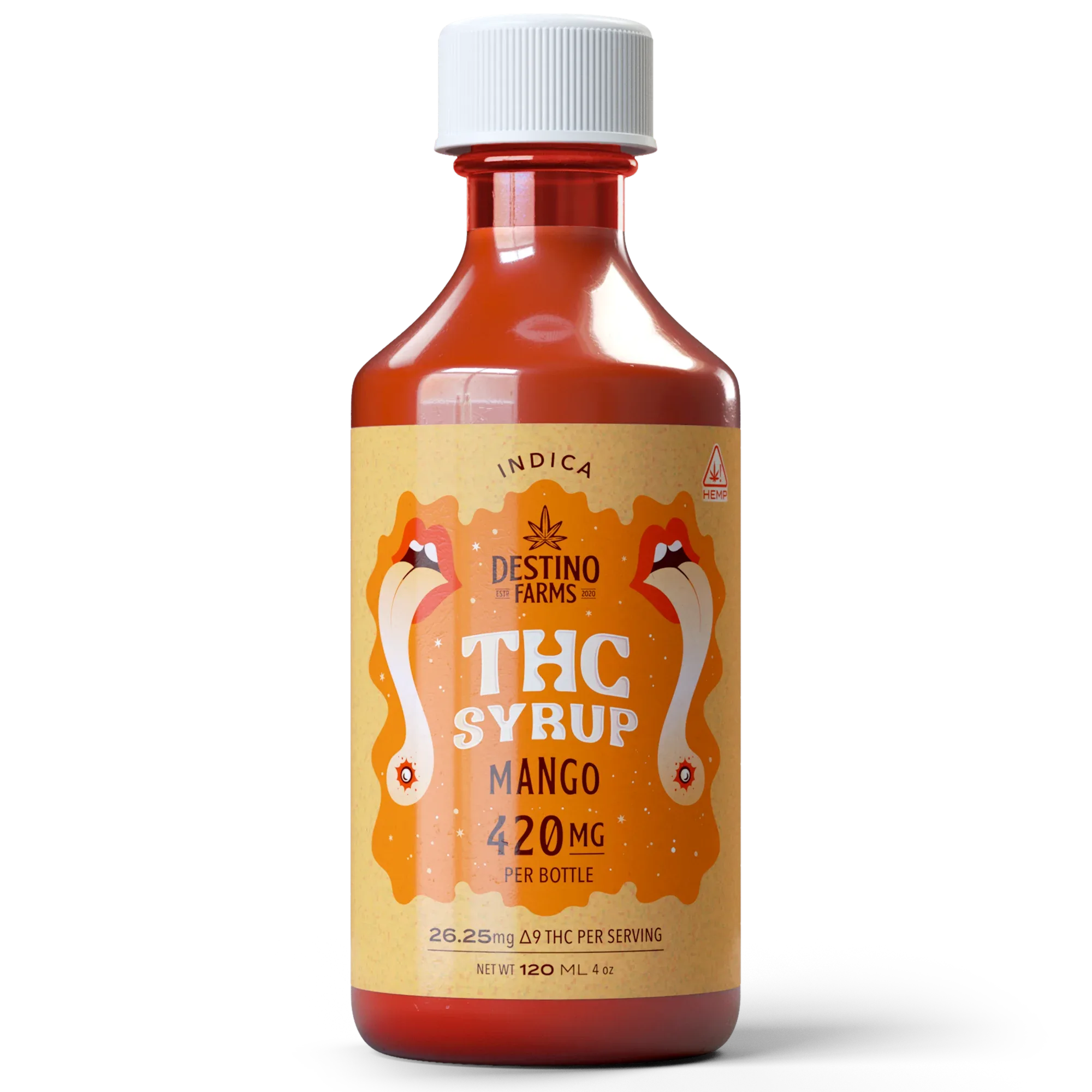 Sweet ripe Mango Delta 9 THC syrup — 420mg per 120ml bottle for customizable dosing, only at LiftoffSmoke.