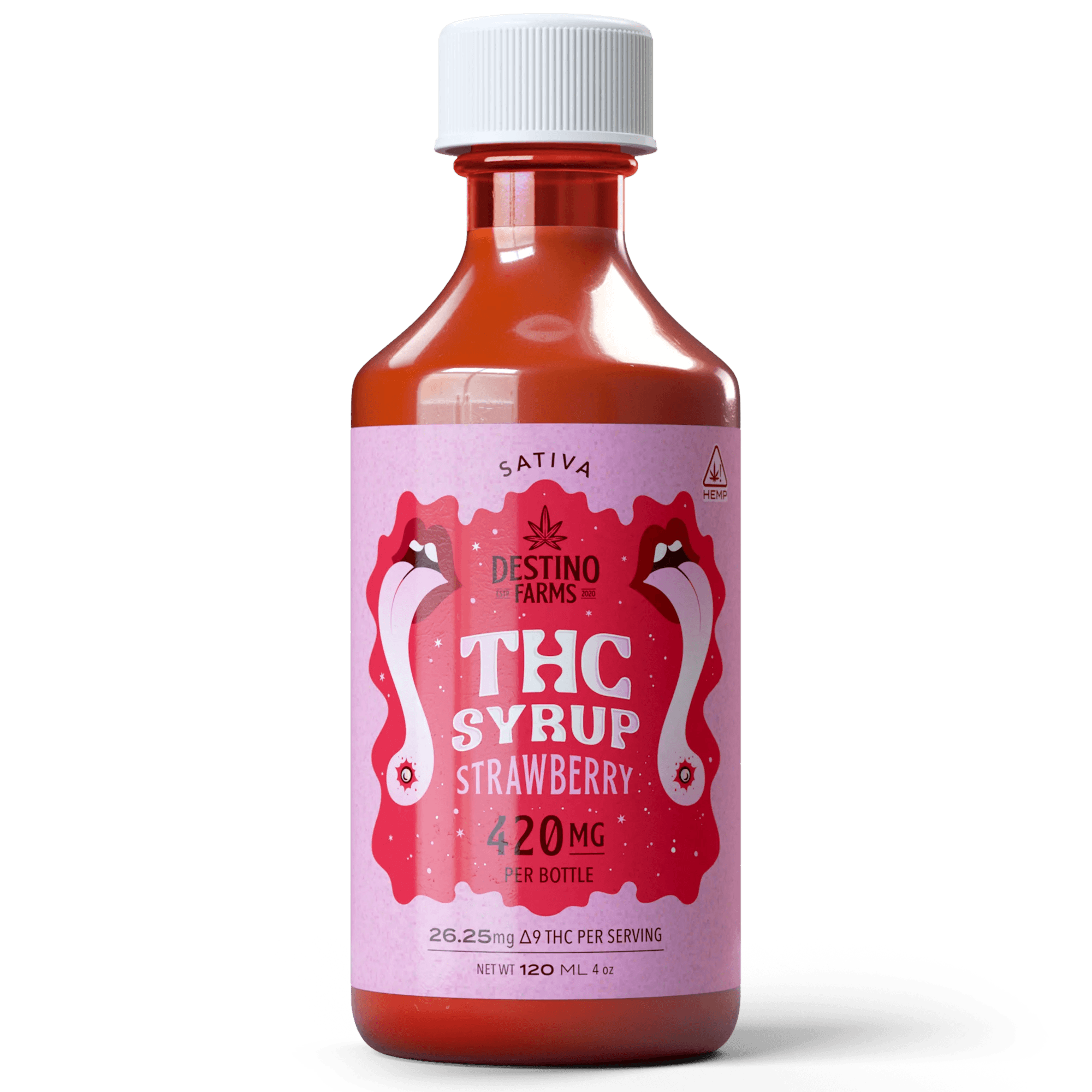 Sweet ripe Strawberry Delta 9 THC syrup — 420mg per 120ml bottle for customizable dosing, only at LiftoffSmoke.