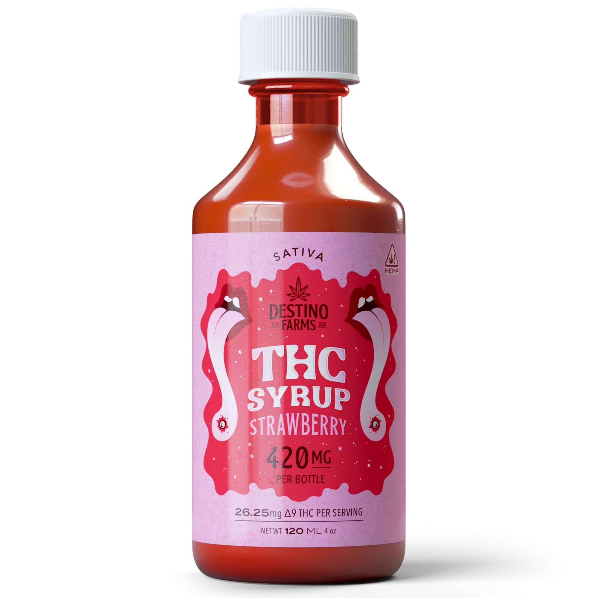 Sweet ripe Strawberry Delta 9 THC syrup — 420mg per 120ml bottle for customizable dosing, only at LiftoffSmoke.