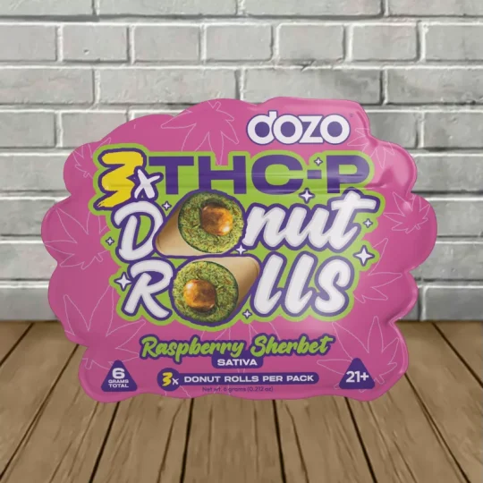 Sweet, tangy Raspberry Sherbet donut prerolls with a THC-P live rosin core – only at LiftoffSmoke.