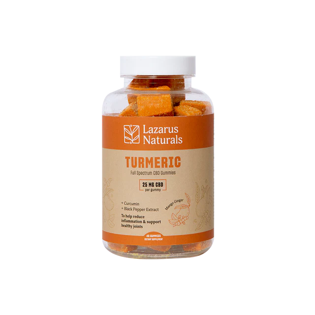 Turmeric + CBD gummies in a spiced mango-ginger flavor for soreness & mobility — only at LiftoffSmoke.