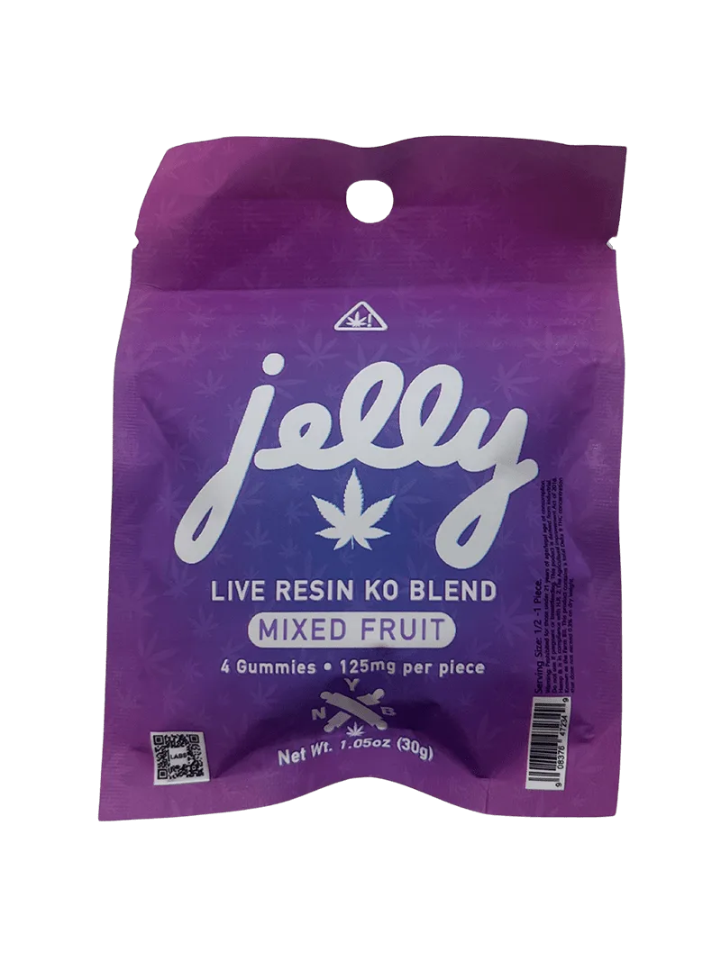 A 4-count sample of Jelly's KO Blend live resin gummies in Blue Razz and Watermelon – only at LiftoffSmoke.
