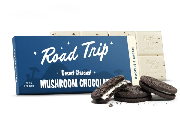 Cookies & Cream mushroom bar with the Desert Stardust blend — 8 breakable squares, only at LiftoffSmoke.
