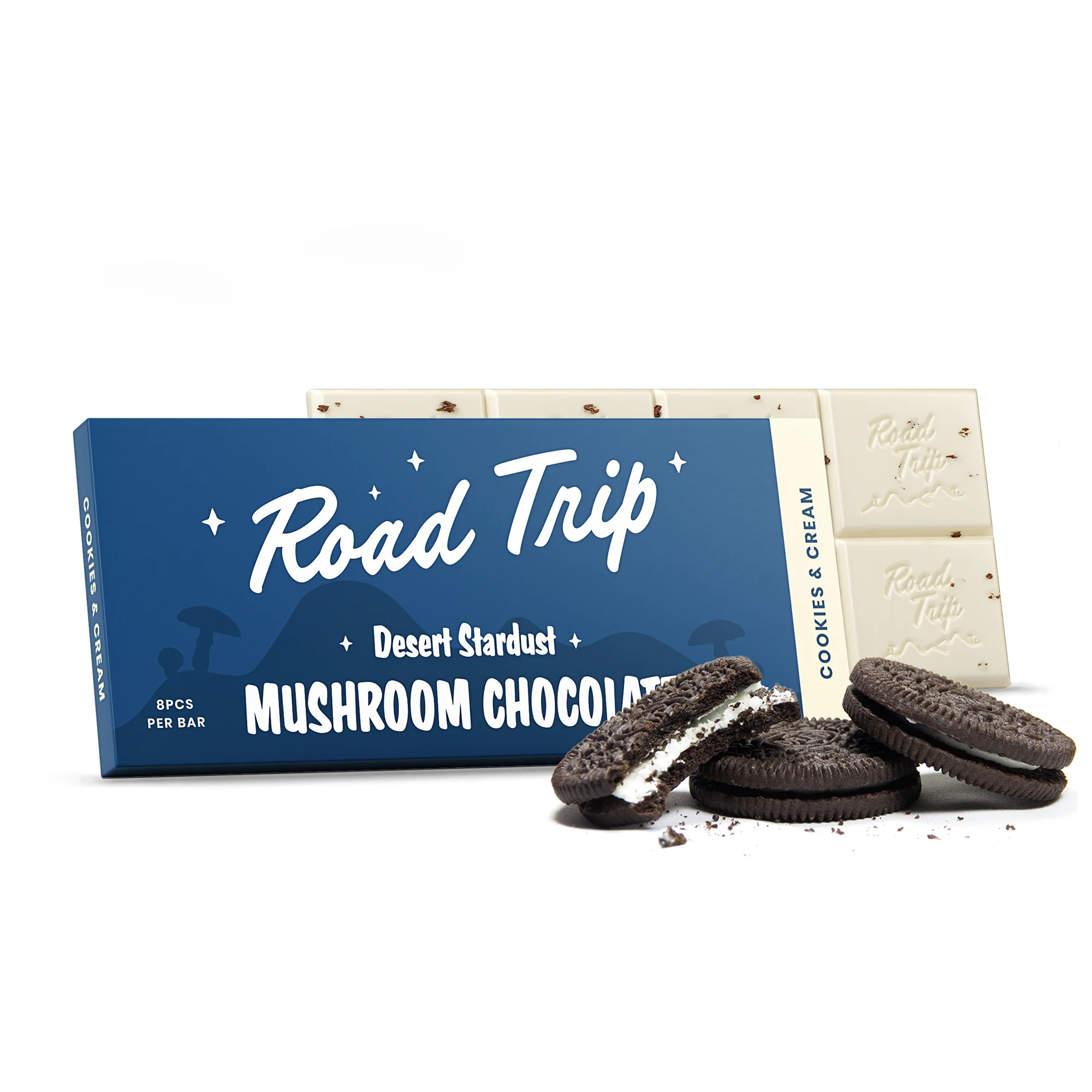 Cookies & Cream mushroom bar with the Desert Stardust blend — 8 breakable squares, only at LiftoffSmoke.