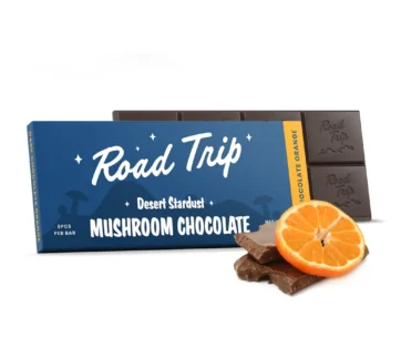 Bold Dark Chocolate Orange mushroom bar with the Desert Stardust blend — 8 breakable squares, only at LiftoffSmoke.