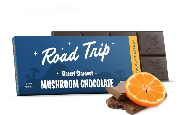 Bold Dark Chocolate Orange mushroom bar with the Desert Stardust blend — 8 breakable squares, only at LiftoffSmoke.