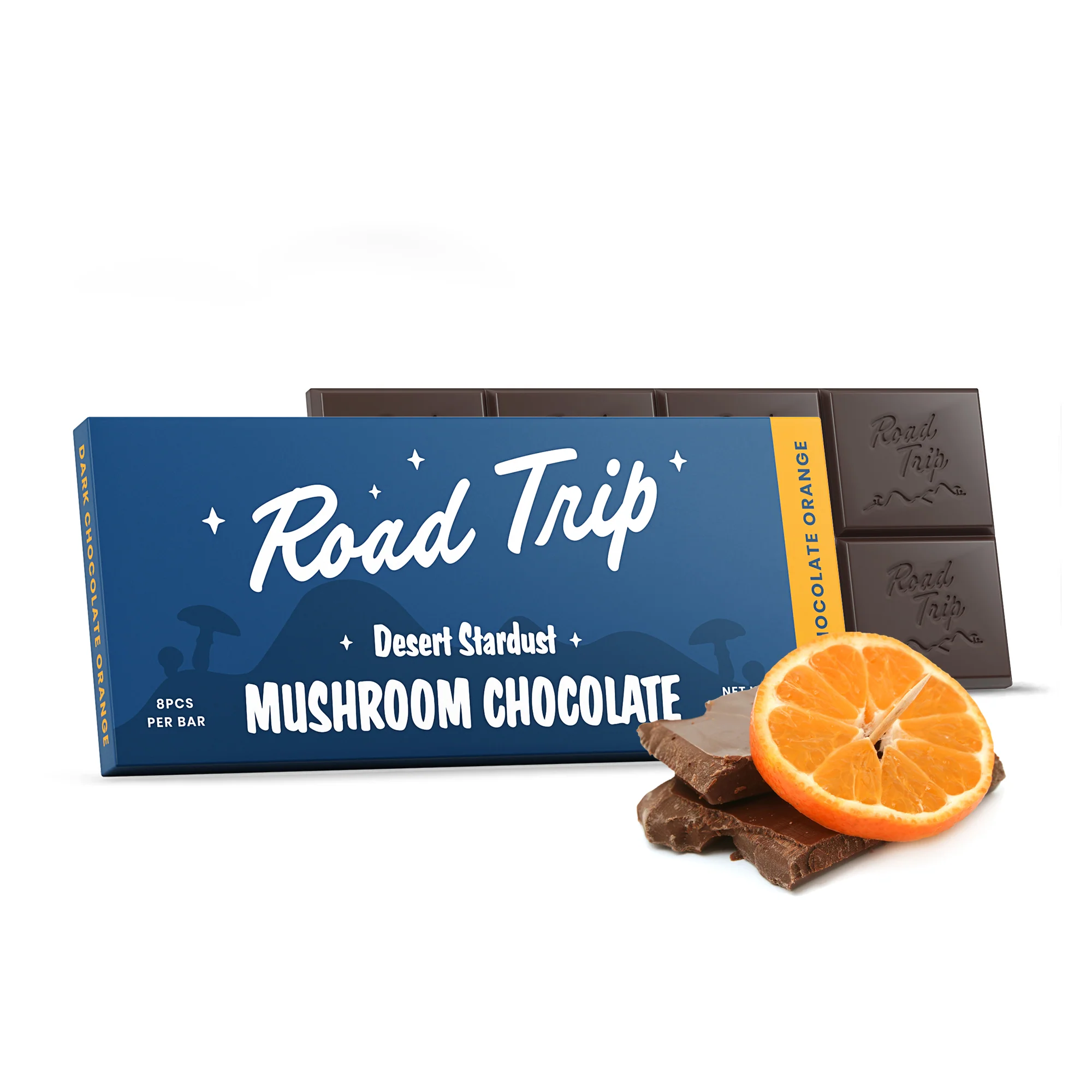 Bold Dark Chocolate Orange mushroom bar with the Desert Stardust blend — 8 breakable squares, only at LiftoffSmoke.