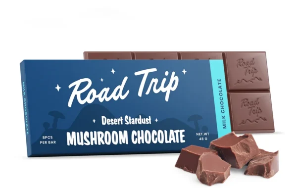 Classic Milk Chocolate mushroom bar with the Desert Stardust blend — 8 breakable squares, only at LiftoffSmoke.