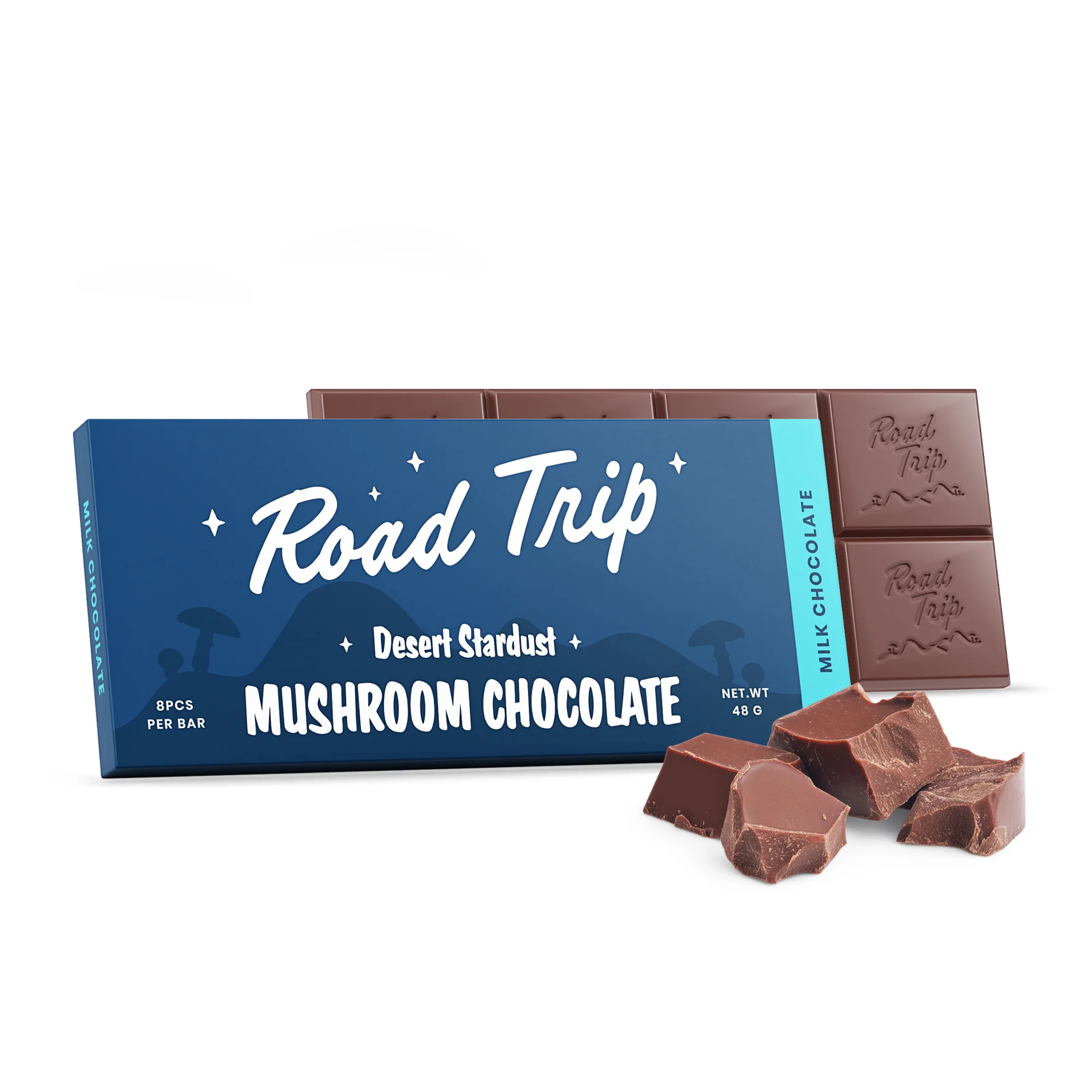 Classic Milk Chocolate mushroom bar with the Desert Stardust blend — 8 breakable squares, only at LiftoffSmoke.
