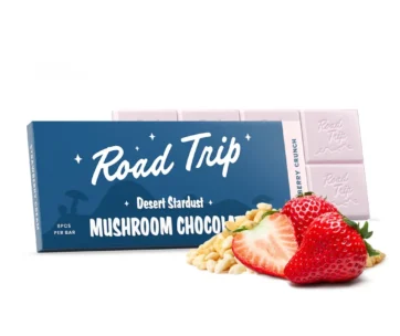 Strawberry Crunch mushroom chocolate with the Desert Stardust blend — 8 breakable squares, only at LiftoffSmoke.