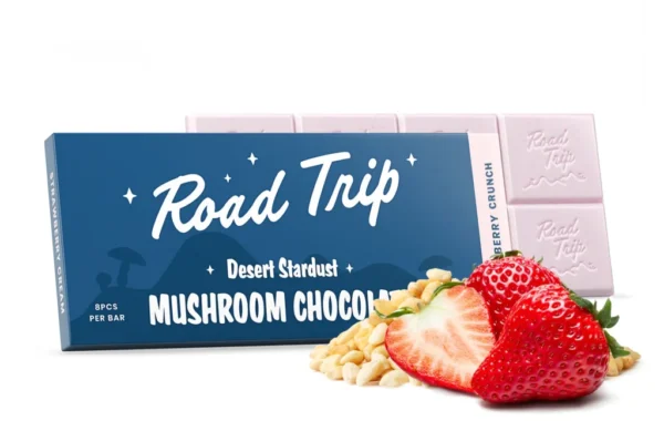 Strawberry Crunch mushroom chocolate with the Desert Stardust blend — 8 breakable squares, only at LiftoffSmoke.