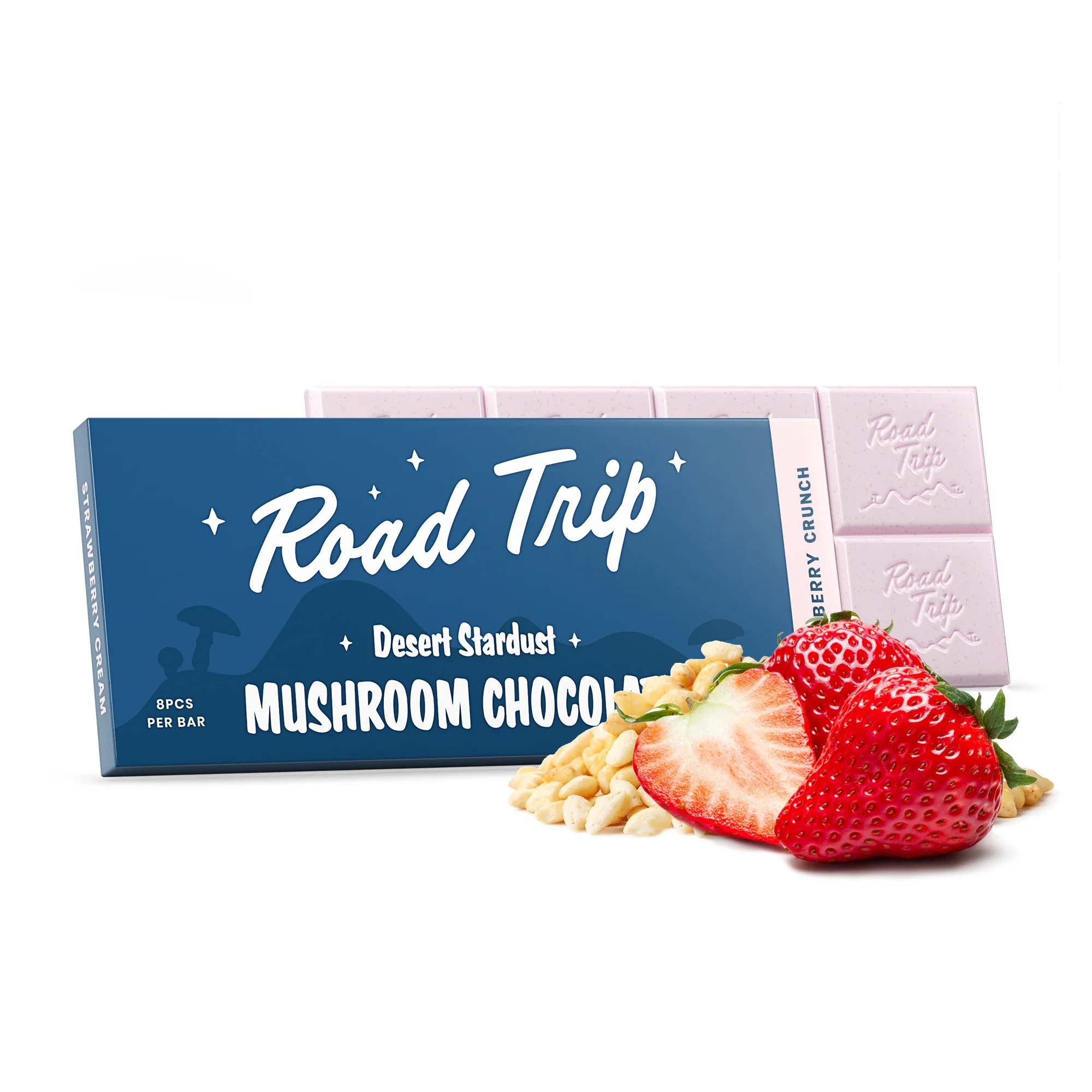 Strawberry Crunch mushroom chocolate with the Desert Stardust blend — 8 breakable squares, only at LiftoffSmoke.