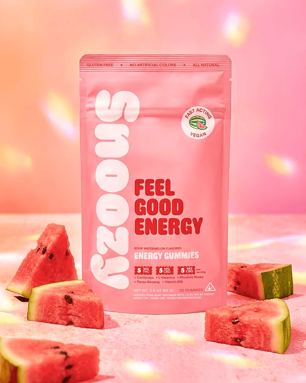 Sour watermelon energy gummies with THC, CBG, Cordyceps & Ginseng for an uplifting lift — only at LiftoffSmoke.