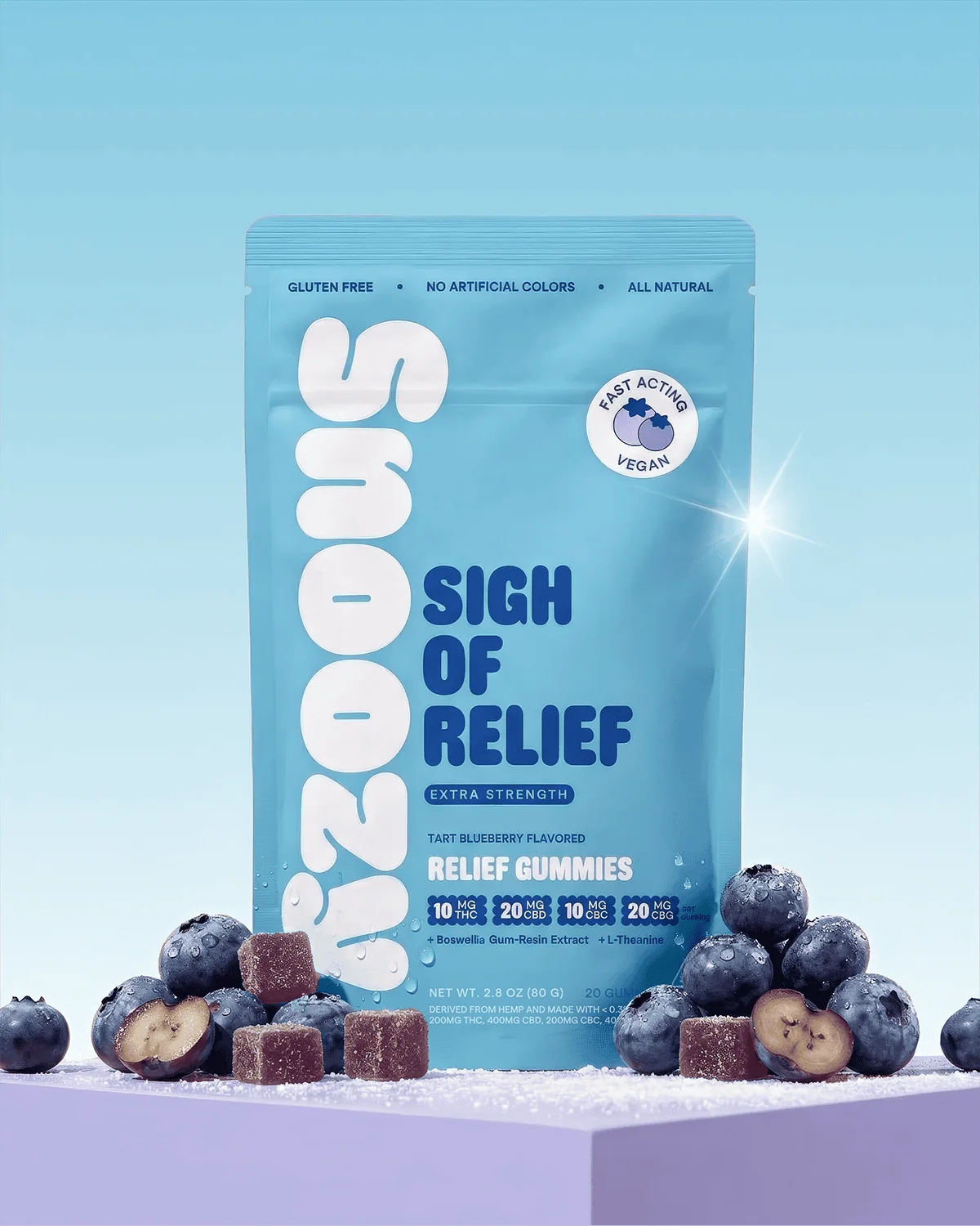 Snoozy Sigh of Relief Gummies 10mg THC 20mg CBD 20mg CBG 10mg CBC Blueberry 20ct at LiftoffSmoke