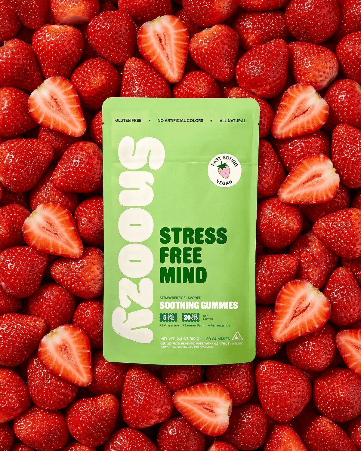Strawberry stress-relief gummies with 20mg CBD, 5mg THC & calming botanicals — only at LiftoffSmoke.