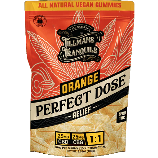Orange 1:1 CBD + CBG relief gummies, 25mg each and zero THC — vegan calm, only at LiftoffSmoke.