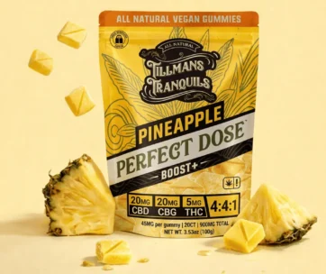 Pineapple Boost+ gummies with CBD, CBG & 5mg THC in a 4:4:1 blend — uplifting energy, only at LiftoffSmoke.