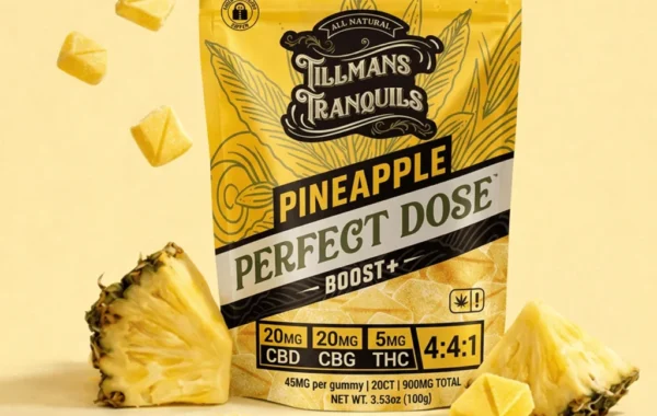 Pineapple Boost+ gummies with CBD, CBG & 5mg THC in a 4:4:1 blend — uplifting energy, only at LiftoffSmoke.