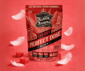 Cherry Sleep+ gummies with CBD, CBN & 5mg THC in a 4:2:1 blend — deeper rest, only at LiftoffSmoke.
